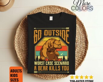 Camiseta de camping "Sal al exterior: el peor escenario posible: un oso te mata". Divertida camiseta retro vintage para amantes de las autocaravanas, parques nacionales de EE. UU., senderismo, excursionismo.
