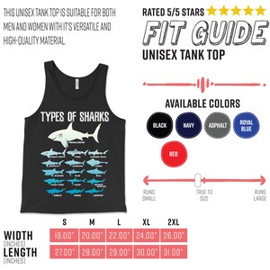 Pu&ograve; includere: Canotta unisex nera con grafica "TYPES OF SHARKS". Disponibile in vari colori. Larghezze da 45,72 cm a 66,04 cm, lunghezze da 68,58 cm a 78,74 cm. La canotta ha una valutazione di 5/5 stelle.