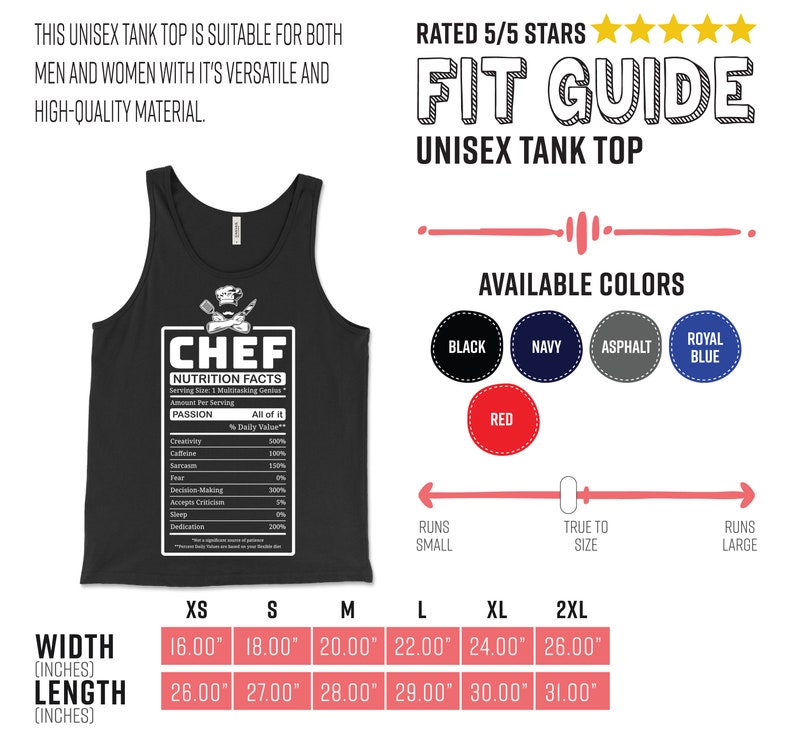 May include: Black unisex tank top with a "CHEF" graphic, featuring a nutrition facts label with humorous "passion" values. Available in black, navy, red, asphalt, and royal blue. Sizes range from XS to 2XL, with measurements in inches (converted to cm).