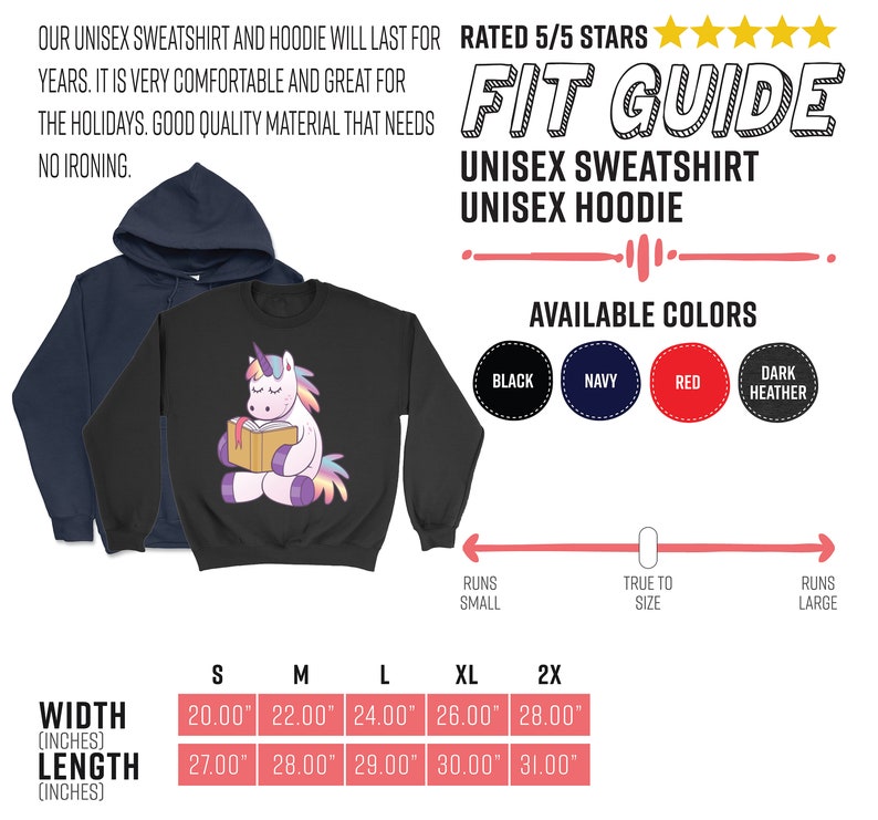 Pode incluir: Uma camisola unissexo preta com um unic&oacute;rnio a ler um livro. A imagem tamb&eacute;m mostra um hoodie azul marinho e op&ccedil;&otilde;es de cores: preto, azul marinho, vermelho e cinzento escuro. Tabela de tamanhos com larguras de 50.8cm a 71.1cm e comprimentos de 68.6cm a 78.7cm.
