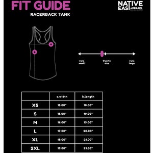 Puede incluir: Tabla de tallas para un tanque de espalda de nadador con medidas en pulgadas. La tabla muestra el ancho y la longitud del tanque en las tallas XS, S, M, L, XL y 2XL.