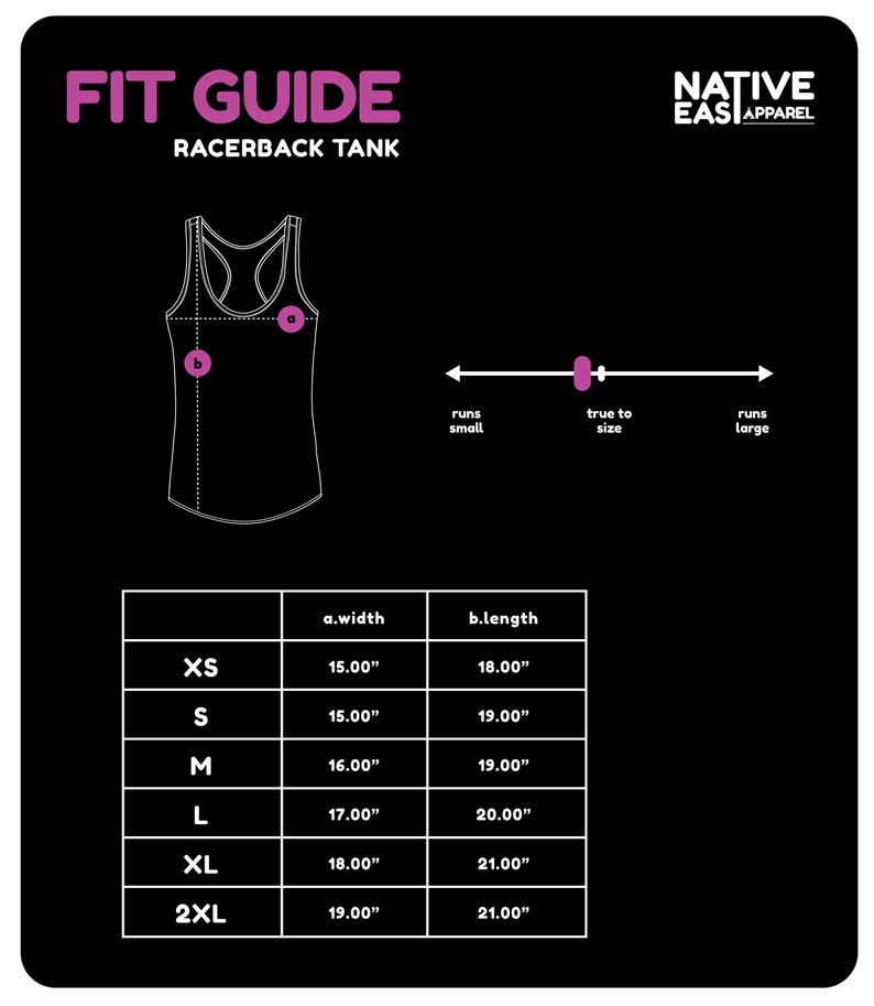 Puede incluir: Tabla de tallas para un tanque de espalda de nadador con medidas en pulgadas. La tabla muestra el ancho y la longitud del tanque en las tallas XS, S, M, L, XL y 2XL.