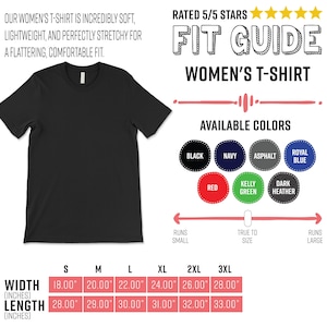 May include: A black women's t-shirt with a crew neck. The image includes a fit guide, color options, and size chart. Available colors include black, navy, asphalt, royal blue, red, kelly green, and dark heather. Sizes range from S to 3XL.