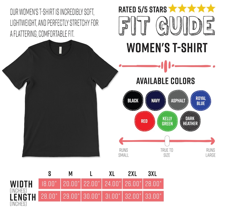 May include: A black women's t-shirt with a crew neck. The image includes a fit guide, color options, and size chart. Available colors include black, navy, asphalt, royal blue, red, kelly green, and dark heather. Sizes range from S to 3XL.