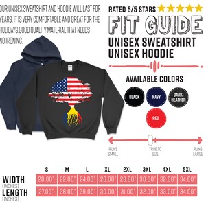 K&ouml;nnte beinhalten: Gr&ouml;&szlig;entabelle f&uuml;r Unisex-Sweatshirt und -Hoodie mit Ma&szlig;en in Zoll. Die Tabelle zeigt die Breiten- und L&auml;ngenma&szlig;e f&uuml;r die Gr&ouml;&szlig;en S, M, L, XL, 2XL, 3XL, 4XL und 5XL. Die Tabelle zeigt auch die verf&uuml;gbaren Farben: Schwarz, Marine, Dunkelgrau meliert und Rot.