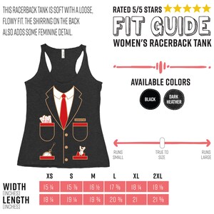 K&ouml;nnte beinhalten: Dunkelgraues Racerback-Tanktop mit einem Dirigentenanzug-Design. Das Design umfasst eine rote Krawatte, Taschen-Details und eine Taschenuhr. Erh&auml;ltlich in Schwarz und Dunkel-Heather. Gr&ouml;&szlig;en XS bis 2XL. Der Text lautet "Fit Guide Women's Racerback Tank".