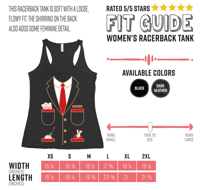 K&ouml;nnte beinhalten: Dunkelgraues Racerback-Tanktop mit einem Dirigentenanzug-Design. Das Design umfasst eine rote Krawatte, Taschen-Details und eine Taschenuhr. Erh&auml;ltlich in Schwarz und Dunkel-Heather. Gr&ouml;&szlig;en XS bis 2XL. Der Text lautet "Fit Guide Women's Racerback Tank".