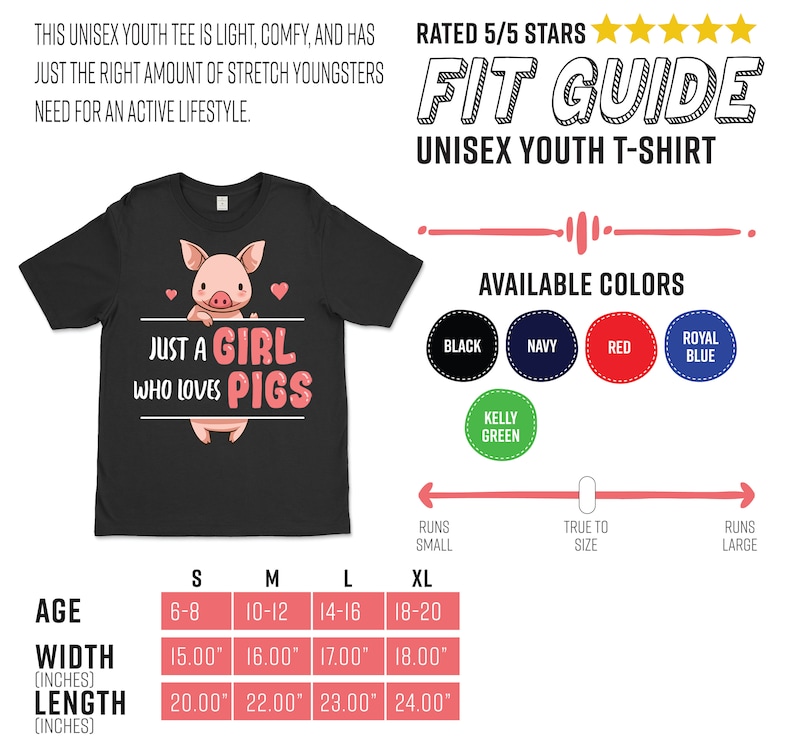 May include: Black youth t-shirt with a pink pig illustration and the text "Just a girl who loves pigs". The size chart shows age, width in inches, and length in inches.