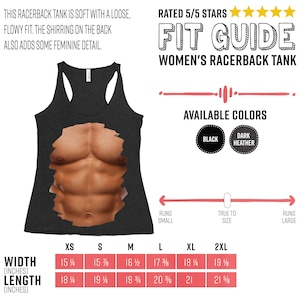May include: A size chart for a racerback tank top with a muscle man graphic. The chart shows the width and length in inches for sizes XS to 2XL. The available colors are black and dark heather.