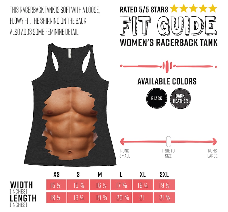 May include: A size chart for a racerback tank top with a muscle man graphic. The chart shows the width and length in inches for sizes XS to 2XL. The available colors are black and dark heather.