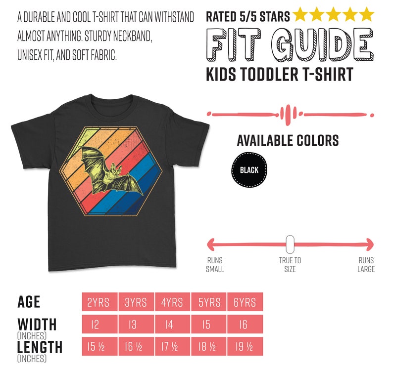 May include: Black toddler t-shirt with a bat graphic inside a retro-style hexagon. The bat is yellow and orange, set against red, orange, blue, and yellow stripes. The shirt has the text "A durable and cool t-shirt that can withstand almost anything."