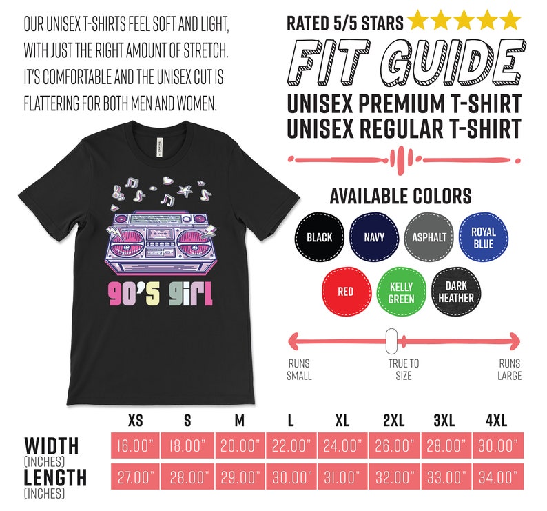 May include: Black unisex t-shirt featuring a colorful 90's boombox graphic with the text "90's girl". Available in multiple colors and sizes, with measurements ranging from 16" to 30" in width and 27" to 34" in length.