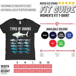 Pu&ograve; includere: T-shirt nero da donna con la scritta "TYPES OF SHARKS" e illustrazioni di squali. Disponibile in pi&ugrave; colori. Le misure di larghezza variano da 43,18 cm a 63,5 cm e l'altezza da 63,5 cm a 71,12 cm.