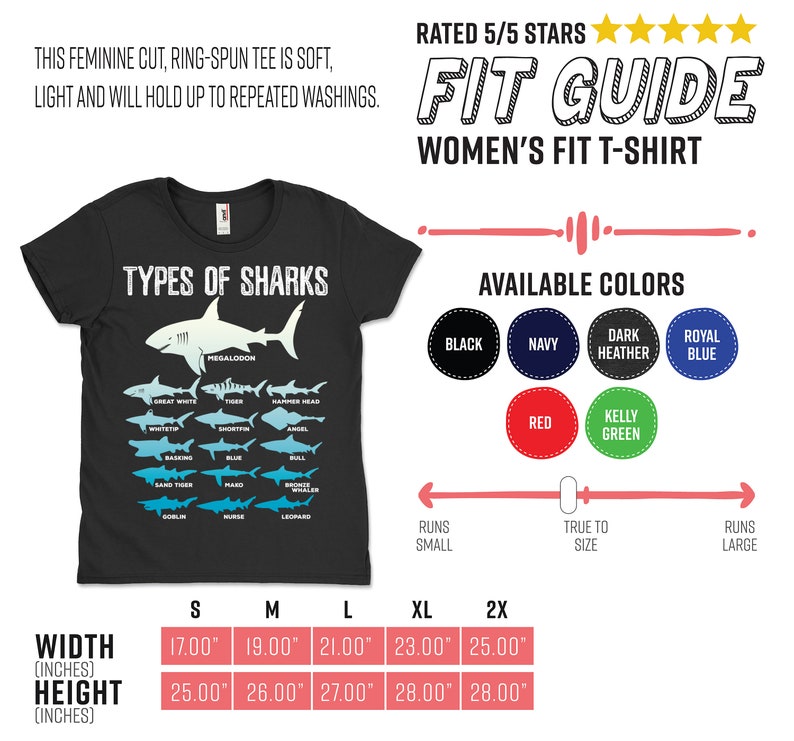 Pu&ograve; includere: T-shirt nero da donna con la scritta "TYPES OF SHARKS" e illustrazioni di squali. Disponibile in pi&ugrave; colori. Le misure di larghezza variano da 43,18 cm a 63,5 cm e l'altezza da 63,5 cm a 71,12 cm.