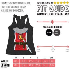 May include: A size chart for a racerback tank top with a knight graphic. The chart shows the width and length in inches for sizes XS to 2XL. The available colors are black and dark heather.