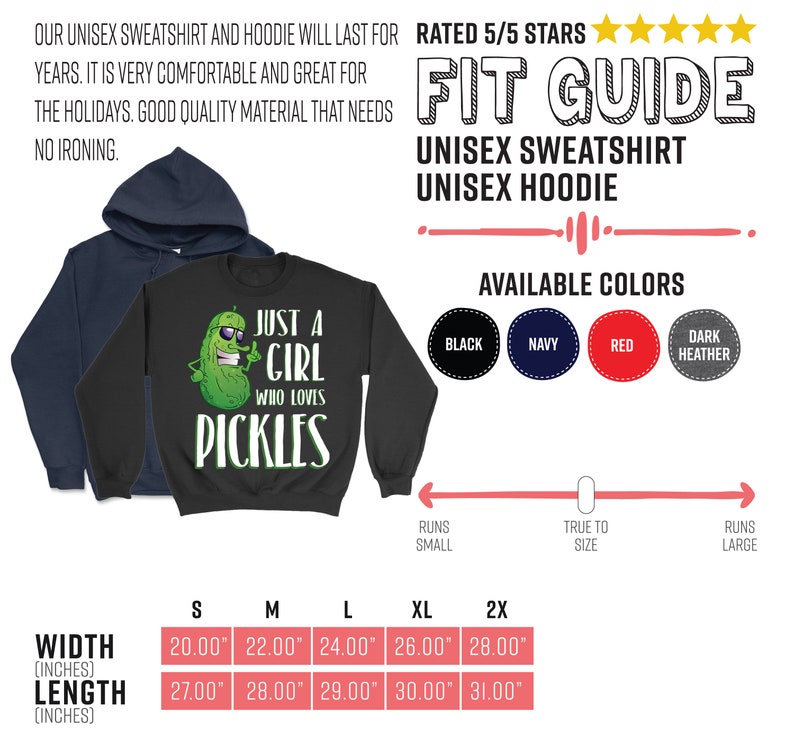 Może przedstawiać: Czarna i ciemnoszara melanżowa bluza unisex z nadrukiem zielonego og&oacute;rka i tekstem "Just a girl who loves pickles". Tabela rozmiar&oacute;w pokazuje szerokość i długość w calach dla rozmiar&oacute;w S, M, L, XL i 2X.