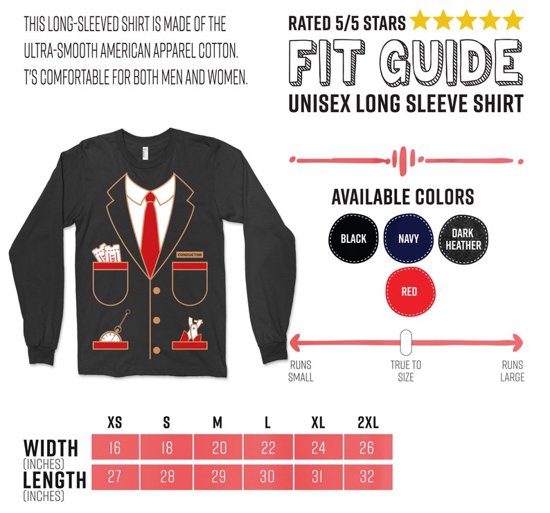 K&ouml;nnte beinhalten: Schwarzes Unisex-Langarmshirt mit einem Dirigenten-Anzug-Design. Das Shirt hat eine rote Krawatte, Taschen-Details und das Wort "Conductor". Erh&auml;ltlich in Schwarz, Marine, Dunkelgrau und Rot. Inklusive Gr&ouml;&szlig;entabelle.