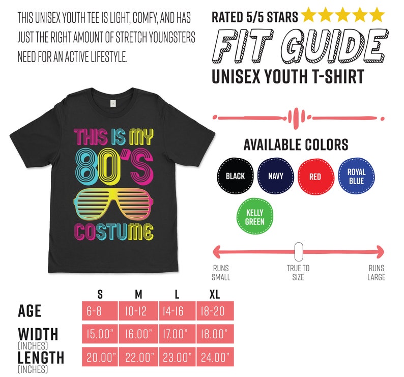 K&ouml;nnte beinhalten: Schwarzes T-Shirt f&uuml;r Jugendliche mit einem grafischen Aufdruck aus buntem Text, der "This is my 80's Costume" und eine Sonnenbrille zeigt. Die Gr&ouml;&szlig;entabelle zeigt die Altersgruppe, die Breite in Zoll und die L&auml;nge in Zoll f&uuml;r jede Gr&ouml;&szlig;e: S, M, L und XL. Die verf&uuml;gbaren Farben sind Schwarz, Marine, Rot, K&ouml;nigsblau und Kellygr&uuml;n.