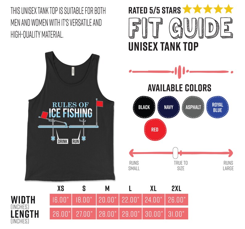 May include: Black tank top with the text "Rules of Ice Fishing" and a graphic of a fishing rod and ice fishing shack. The tank top is available in sizes XS to 2XL and in a variety of colours including black, navy, asphalt, royal blue, and red.