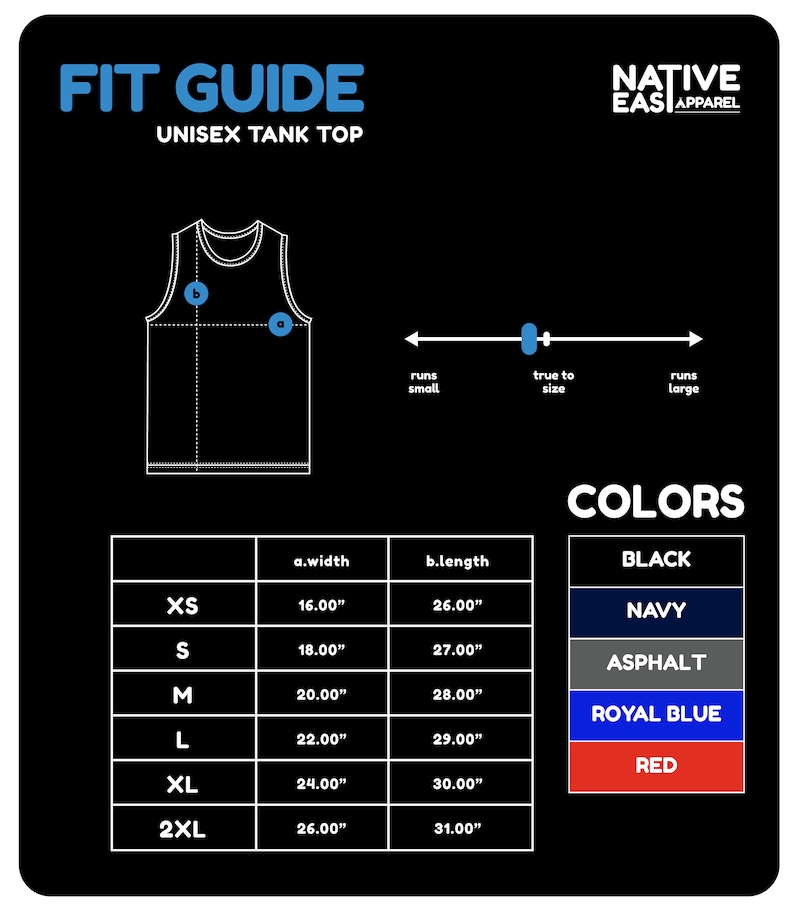 Puede incluir: Gr&aacute;fico negro que muestra una gu&iacute;a de tallas para una camiseta sin mangas unisex. La gu&iacute;a incluye medidas en cm para el ancho y el largo, que van desde la XS hasta la 2XL. Las opciones de color son negro, azul marino, asfalto, azul real y rojo.