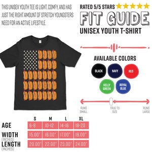 May include: A black t-shirt with a graphic of an American flag made of hot dogs. The t-shirt is available in sizes S, M, L, and XL. The size chart shows the age range, width in inches, and length in inches for each size. The t-shirt is rated 5 out of 5 stars.