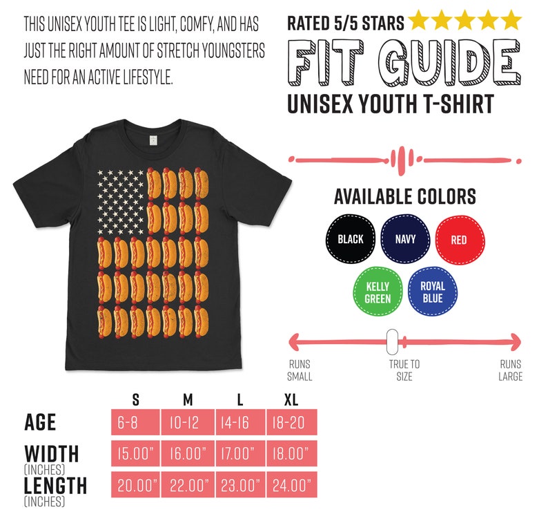 May include: A black t-shirt with a graphic of an American flag made of hot dogs. The t-shirt is available in sizes S, M, L, and XL. The size chart shows the age range, width in inches, and length in inches for each size. The t-shirt is rated 5 out of 5 stars.