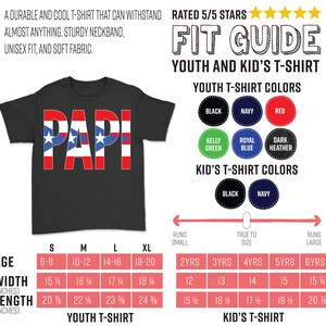 May include: Black youth t-shirt with the word "PAPI" in red, white, and blue, featuring stars and stripes design. The shirt is made of soft fabric and has a sturdy neckband. The image also includes a fit guide with size and color options.