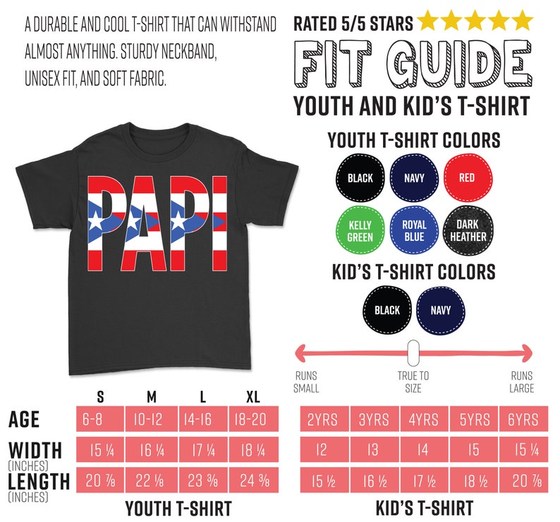 May include: Black youth t-shirt with the word "PAPI" in red, white, and blue, featuring stars and stripes design. The shirt is made of soft fabric and has a sturdy neckband. The image also includes a fit guide with size and color options.