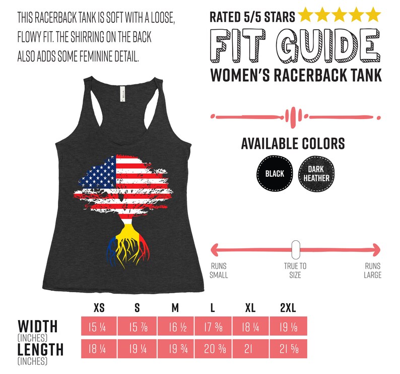 K&ouml;nnte beinhalten: Ein anthrazitfarbenes Racerback-Tanktop mit einem Baumdesign, das die amerikanische Flagge und die Flagge Rum&auml;niens zeigt. Das Tanktop hat eine lockere, flie&szlig;ende Passform und R&uuml;schen im R&uuml;cken. Die Gr&ouml;&szlig;entabelle zeigt die Ma&szlig;e in Zoll f&uuml;r Breite und L&auml;nge. Erh&auml;ltliche Farben sind Schwarz und Dunkelgrau meliert.