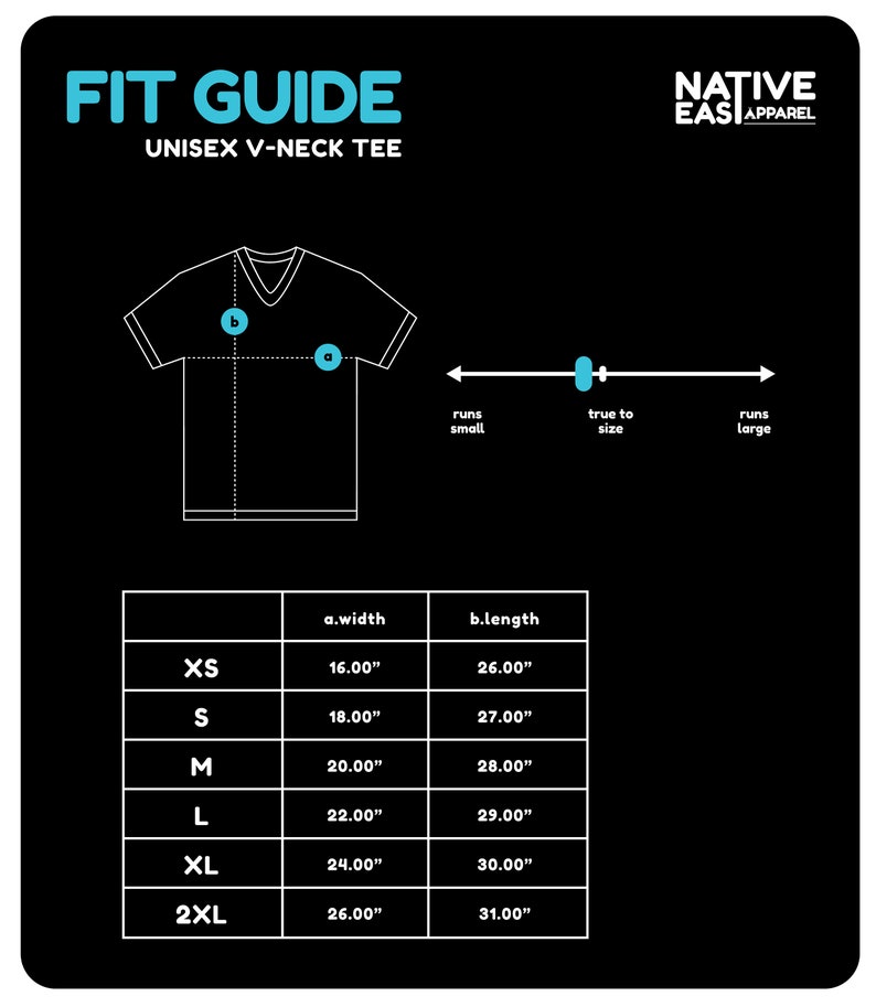 May include: A black graphic showing a fit guide for a unisex V-neck tee. The guide includes a diagram of the shirt, size measurements in inches, and a scale indicating how the shirt fits. The Native Eas Apparel logo is in the top right corner.