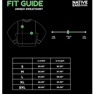 Puede incluir: Tabla de tallas para sudadera unisex con medidas en pulgadas para el ancho y la longitud. La tabla muestra las tallas S, M, L, XL y 2XL. La tabla tambi&eacute;n incluye una representaci&oacute;n visual de c&oacute;mo queda la sudadera, con un diagrama que muestra una sudadera que queda peque&ntilde;a, a la talla y grande.