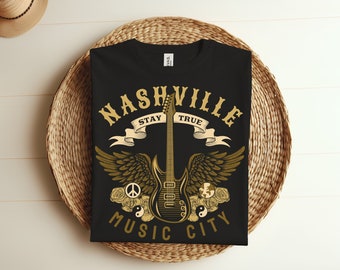 Camiseta retro vintage de Nashville, Tennessee, con guitarra, ciudad de la música country, guitarrista, regalo, regalos para amantes de Nashville, atuendo de camiseta para festivales de música.