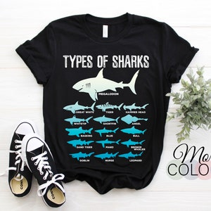 Pu&ograve; includere: T-shirt nera con la scritta "TYPES OF SHARKS" e illustrazioni di varie specie di squali, tra cui il grande squalo bianco, lo squalo tigre e lo squalo martello. La maglietta presenta anche la scritta "More COLORS" in un carattere corsivo.