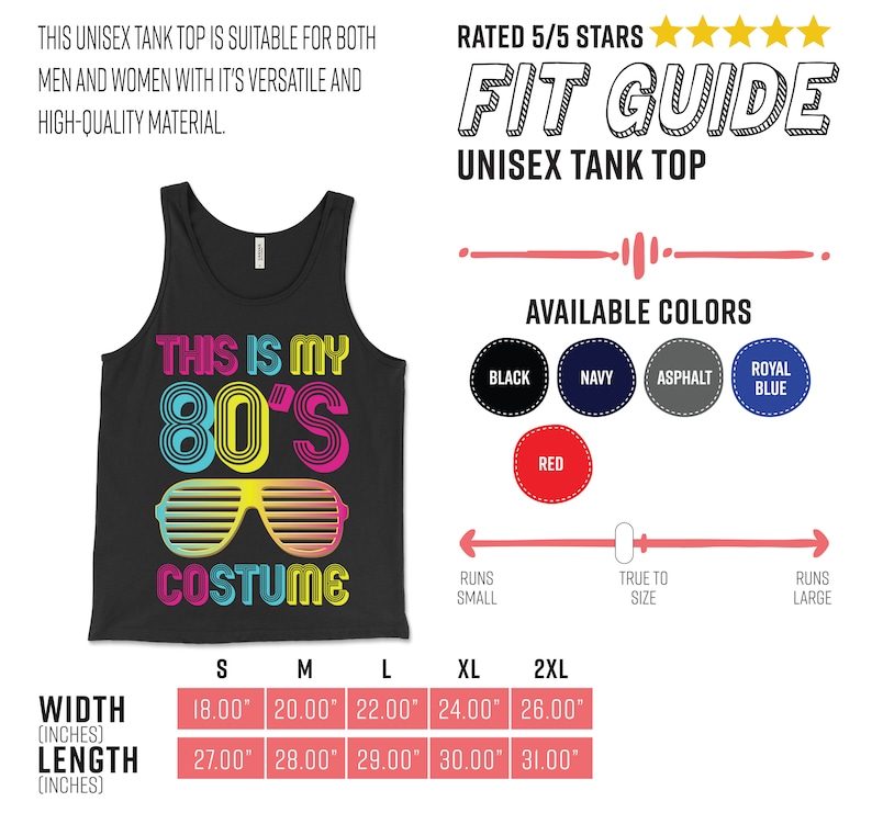 K&ouml;nnte beinhalten: Ein schwarzes Tanktop mit dem Text "This is my 80's Costume" in bunten Buchstaben und einer neonrosa und blauen Sonnenbrille. Gr&ouml;&szlig;entabelle mit Breite und L&auml;nge in Zoll.