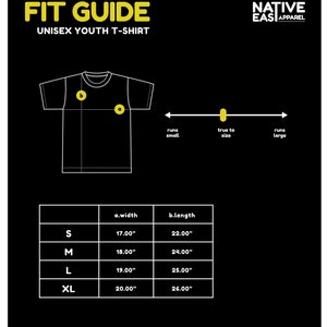 May include: A black graphic with yellow text that reads "FIT GUIDE UNISEX YOUTH T-SHIRT." A diagram of a t-shirt is shown with measurements. The size chart includes width and length measurements in inches for sizes S, M, L, and XL.