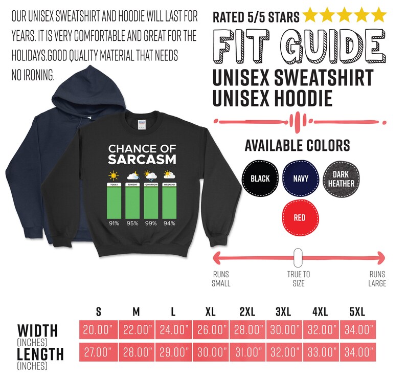 Puede incluir: Sudadera unisex negra con un gr&aacute;fico de un diagrama de barras que muestra la probabilidad de sarcasmo. El gr&aacute;fico muestra porcentajes del 91% al 99%. El texto "Chance of Sarcasm" est&aacute; encima del gr&aacute;fico. La sudadera est&aacute; disponible en negro, azul marino, gris oscuro jaspeado y rojo. La tabla de tallas muestra el ancho y la longitud en pulgadas para las tallas S a 5XL.