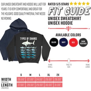 Pu&ograve; includere: Una felpa unisex nera con grafica di squalo e la scritta "TYPES OF SHARKS". Una felpa con cappuccio blu navy &egrave; dietro la felpa. I colori disponibili sono nero, blu navy, rosso e grigio scuro. Taglie dalla S alla 2XL.