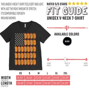 May include: A black v-neck t-shirt with a graphic of an American flag made of hot dogs. The shirt is available in sizes XS to 2XL. The size chart shows the width and length of the shirt in inches.