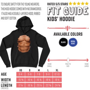 May include: A black kids' hoodie with a muscle chest print. The hoodie has a double-layered hood and ribbed cuffs. The size chart shows age, width in inches, and length in inches. Available colors are black and royal blue.