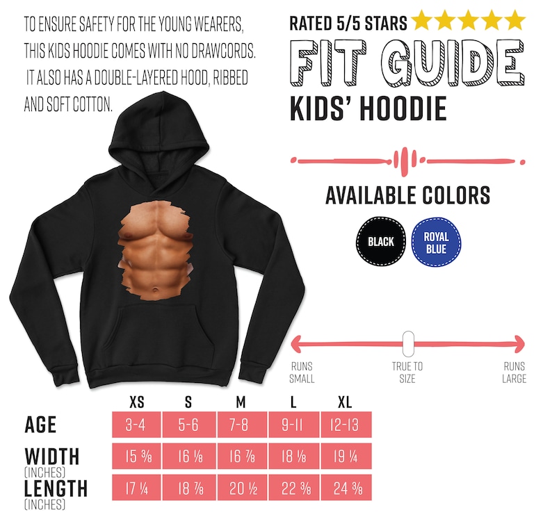 May include: A black kids' hoodie with a muscle chest print. The hoodie has a double-layered hood and ribbed cuffs. The size chart shows age, width in inches, and length in inches. Available colors are black and royal blue.