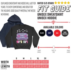 May include: Black sweatshirt with a colorful 90's girl boombox graphic. Available in black, navy, red, and dark heather. Includes a fit guide and size chart with measurements from 20 to 28 inches wide and 27 to 31 inches long.