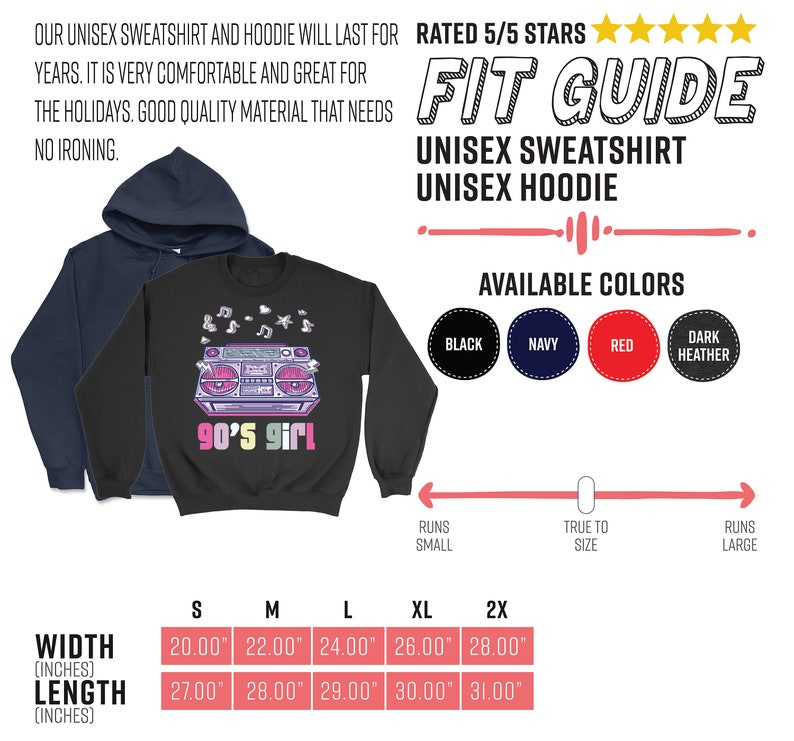 May include: Black sweatshirt with a colorful 90's girl boombox graphic. Available in black, navy, red, and dark heather. Includes a fit guide and size chart with measurements from 20 to 28 inches wide and 27 to 31 inches long.