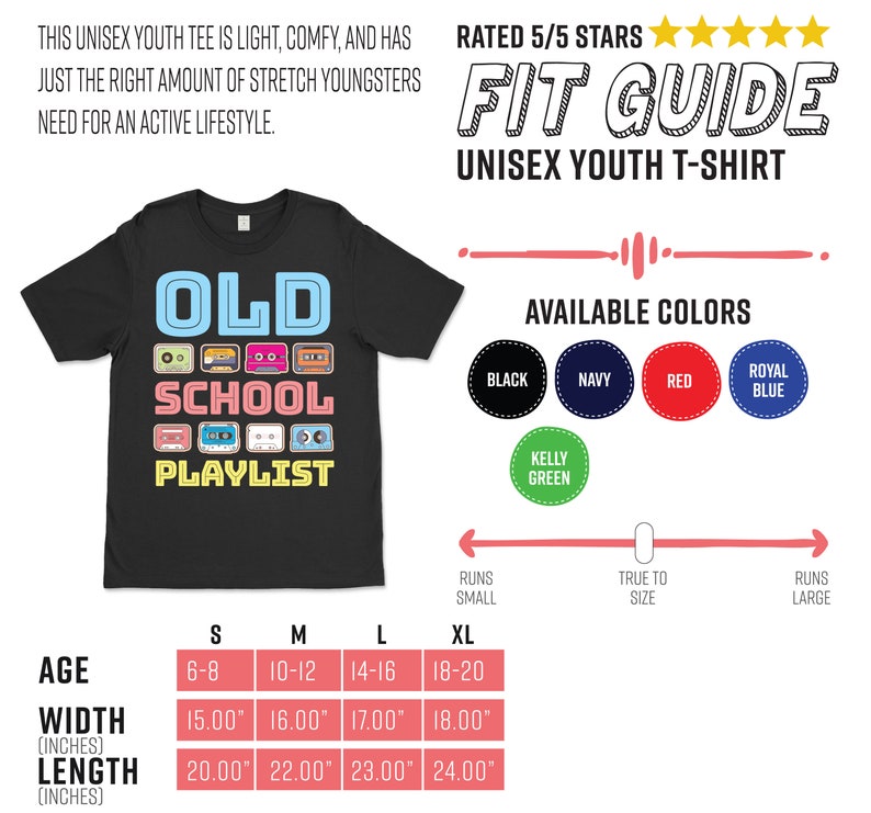 May include: Black unisex youth t-shirt with the words "OLD SCHOOL PLAYLIST" in a retro design. The shirt features a graphic of cassette tapes in various colors. Available in sizes S-XL and multiple colors.