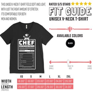 May include: Black unisex V-neck t-shirt featuring a chef-themed nutrition facts graphic. The graphic lists "passion" as the main ingredient, with percentages for creativity, caffeine, and sarcasm. Available in black, with measurements from XS to 2XL.