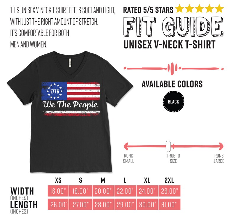 Może przedstawiać: Czarny, unisexowy t-shirt z dekoltem w serek z postarzanym wzorem amerykańskiej flagi i napisem "1776 We The People". Dostępny w rozmiarach XS do 2XL, o szerokościach od 40,6 cm do 66,0 cm i długościach od 66,0 cm do 78,7 cm.