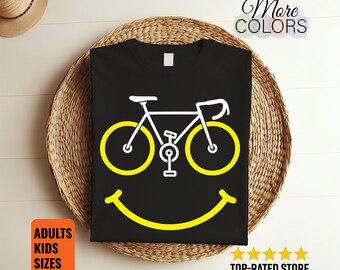 Smiley Bicycle Shirt, Happy Cycling Graphic, Yellow Wheels Face Design, Road Bike Rider Gift, Pedal Lover Birthday, Positive Outdoor Apparel