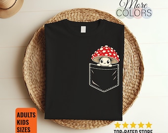 Cute Mushroom Shirt, Faux Pocket Graphic Tee, Kawaii Toadstool Art, Cottagecore Lover Gift, Smiling Fungi Design, Woodland Goblincore Outfit