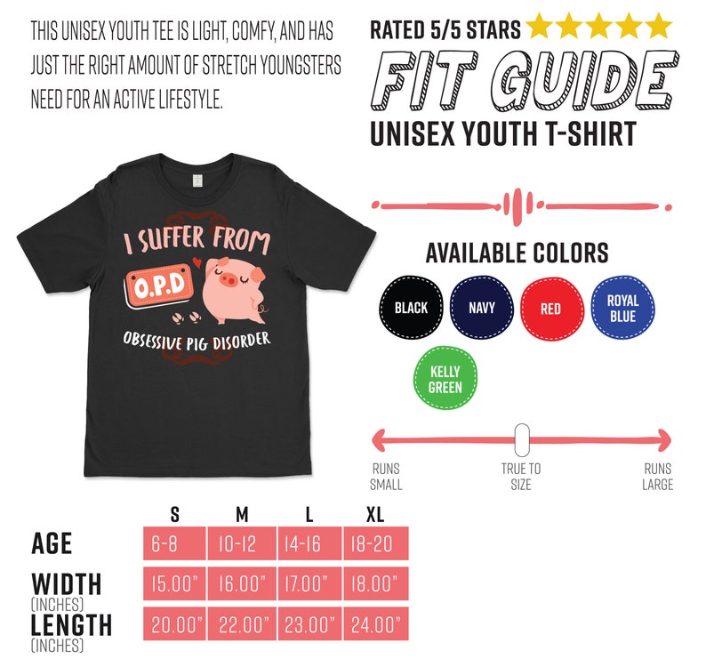 May include: Black youth t-shirt with a pig graphic and the text "I suffer from O.P.D. Obsessive Pig Disorder". Size chart with age, width, and length measurements in inches.