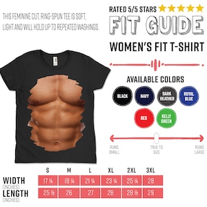 May include: A size chart for a women's fit t-shirt. The chart shows the width and length measurements in inches for sizes S, M, L, XL, 2XL, and 3XL. The chart also shows the available colors: black, navy, dark heather, royal blue, red, and kelly green.