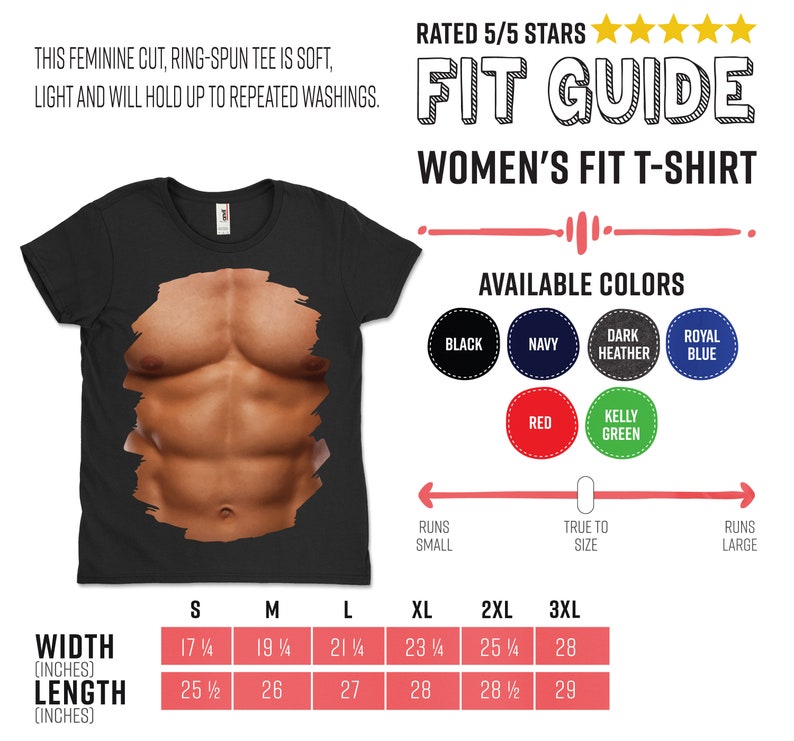 May include: A size chart for a women's fit t-shirt. The chart shows the width and length measurements in inches for sizes S, M, L, XL, 2XL, and 3XL. The chart also shows the available colors: black, navy, dark heather, royal blue, red, and kelly green.